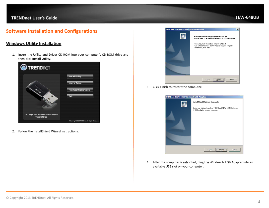 TRENDnet TEW648UB manual Software Installation and Configurations, Windows Utility Installation 