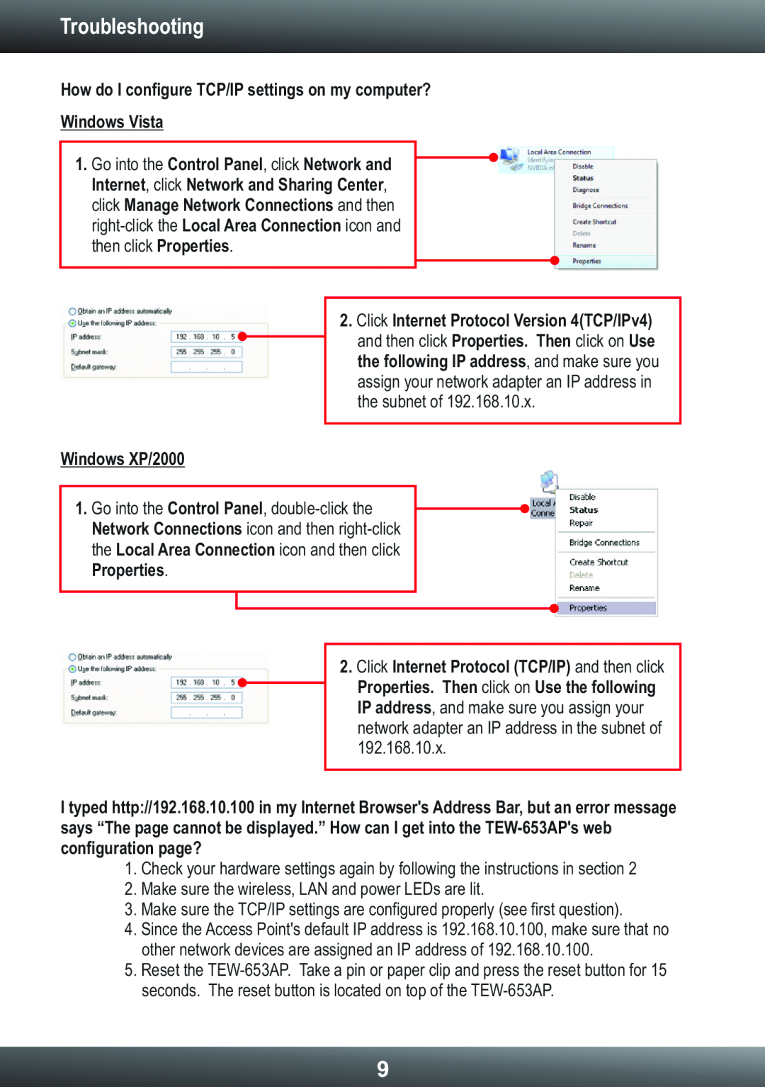 TRENDnet TEW653AP manual Troubleshooting, How do I configure TCP/IP settings on my computer? Windows Vista, Windows XP/2000 