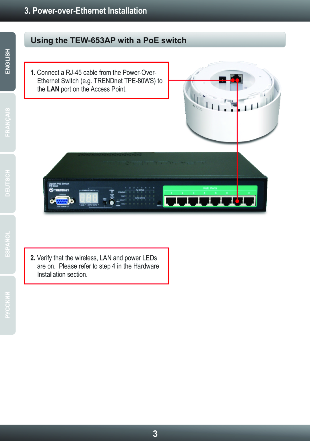 TRENDnet TEW653AP manual Power-over-Ethernet Installation, Using the TEW-653AP with a PoE switch 