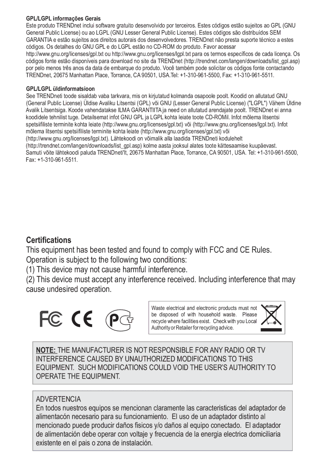 TRENDnet TEW653AP manual Certifications, GPL/LGPL informações Gerais GPL/LGPL üldinformatsioon 