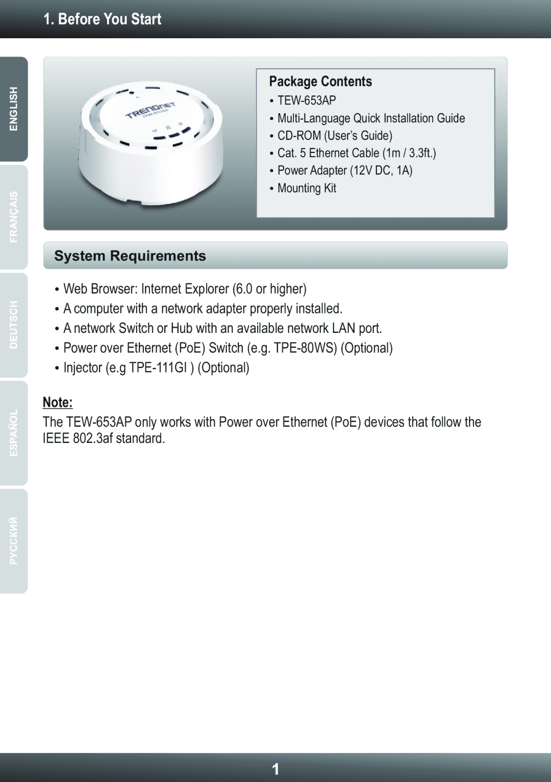 TRENDnet TEW653AP manual Before You Start, Package Contents, System Requirements 