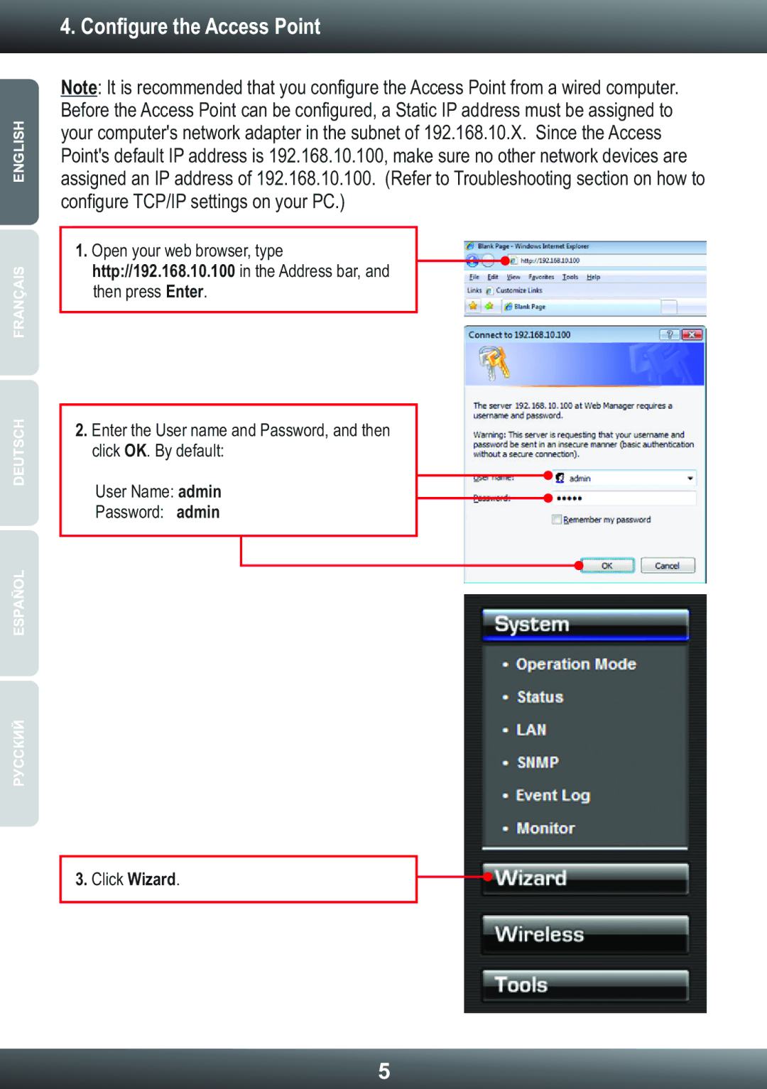 TRENDnet TEW653AP manual Configure the Access Point, Click Wizard 