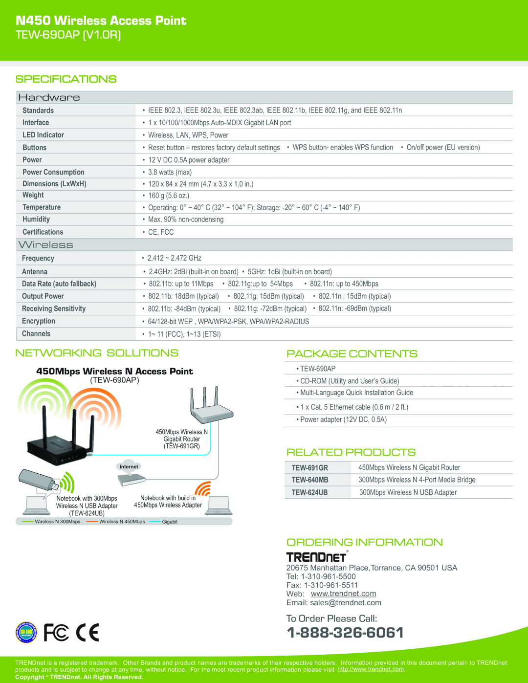 TRENDnet TEW690AP warranty N450 Wireless Access Point, TEW-690AP V1.0R, Specifications, Hardware, Networking Solutions 