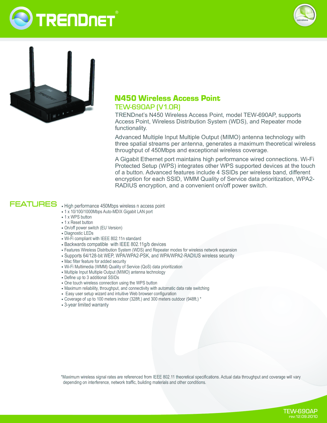 TRENDnet TEW690AP warranty Features  High performance 450Mbps wireless n access point,  3-year limited warranty 