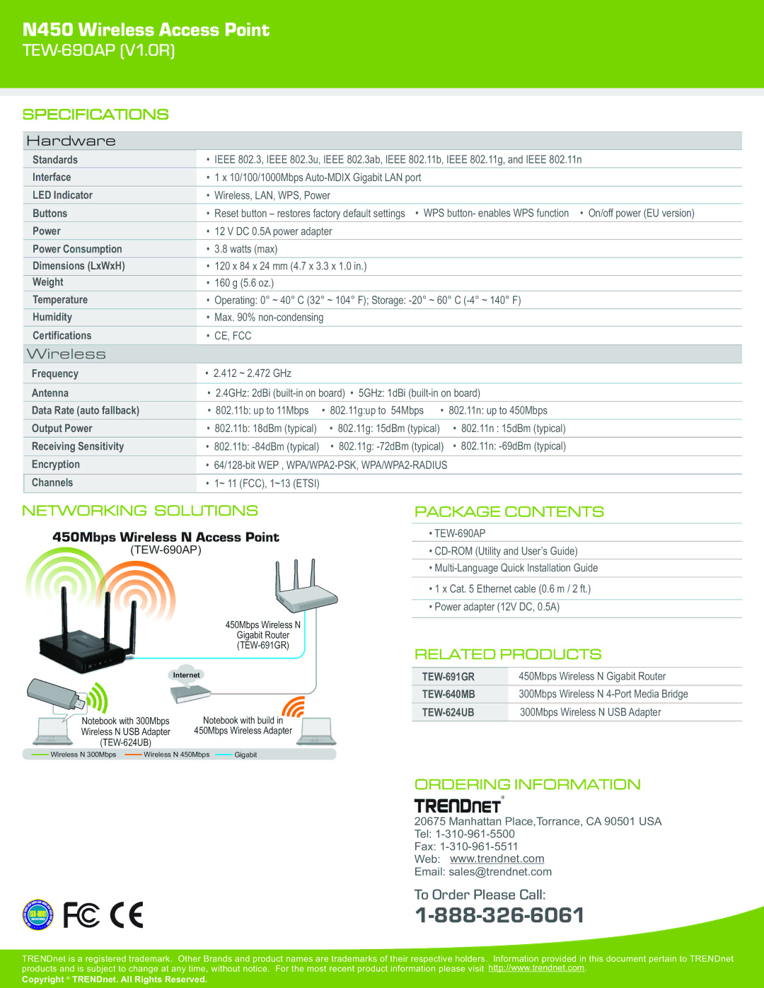 TRENDnet TEW690AP warranty Specifications, Networking Solutions, Package Contents, Related Products, Ordering Information 