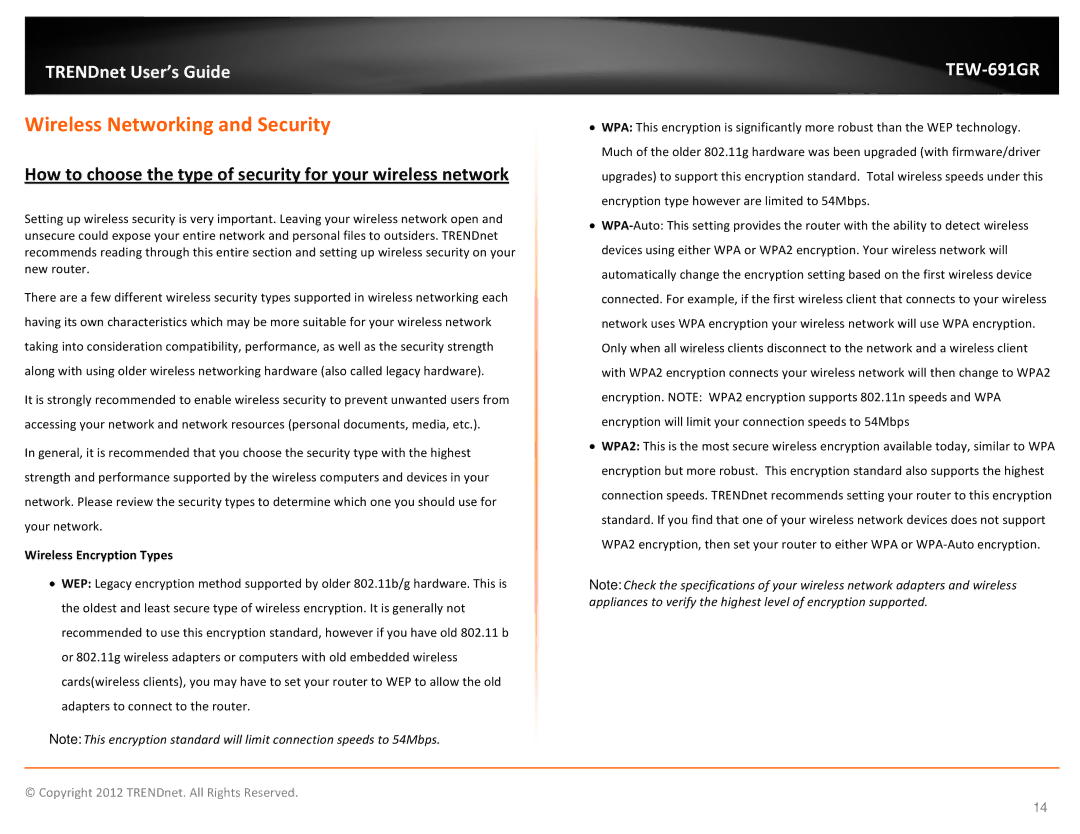 TRENDnet TEW691GR manual Wireless Networking and Security, Wireless Encryption Types 