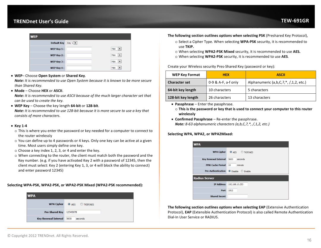 TRENDnet TEW691GR Use Tkip, WEP Choose Open System or Shared Key WEP Key Format, Character set, Bit key length, Wirelessly 