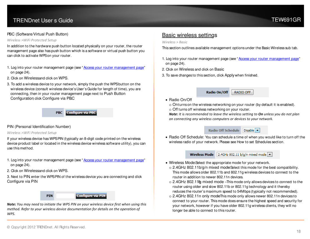 TRENDnet TEW691GR manual Basic wireless settings, PBC Software/Virtual Push Button, PIN Personal Identification Number 