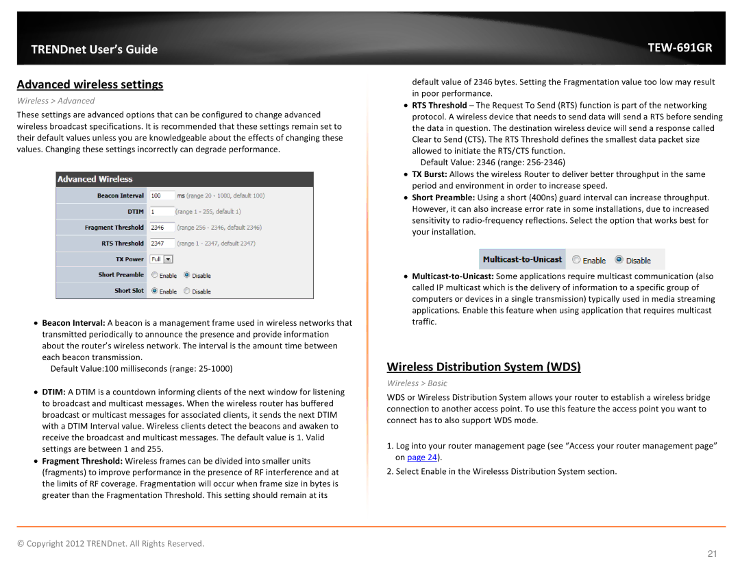 TRENDnet TEW691GR manual Advanced wireless settings, Wireless Distribution System WDS, Wireless Advanced 