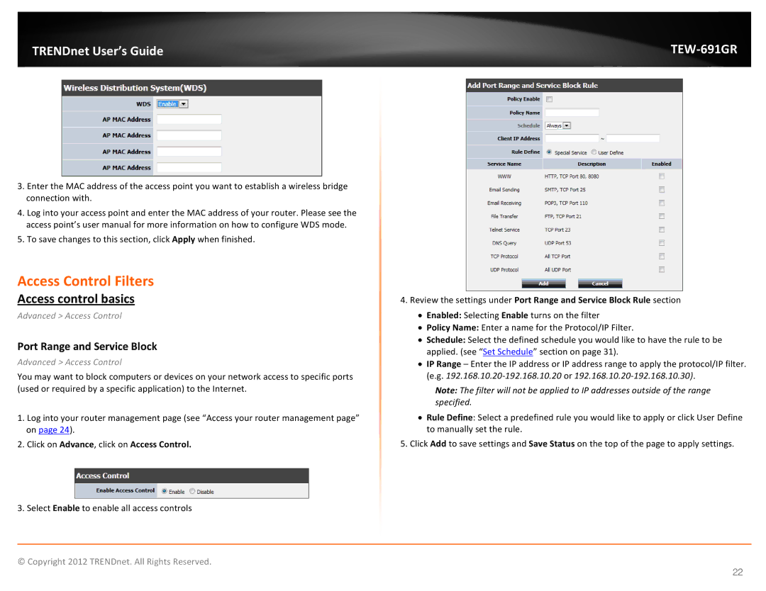 TRENDnet TEW691GR Access Control Filters, Access control basics, Port Range and Service Block, Advanced Access Control 