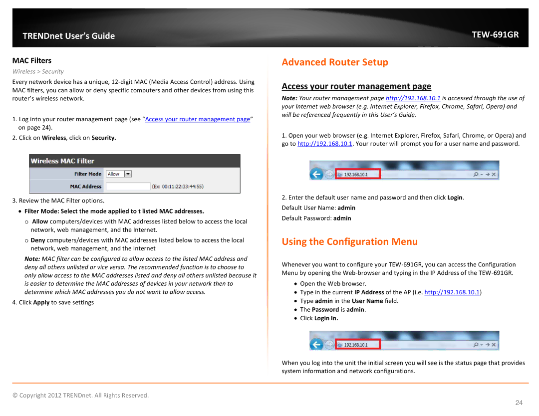 TRENDnet TEW691GR manual Advanced Router Setup, Using the Configuration Menu, Access your router management, MAC Filters 