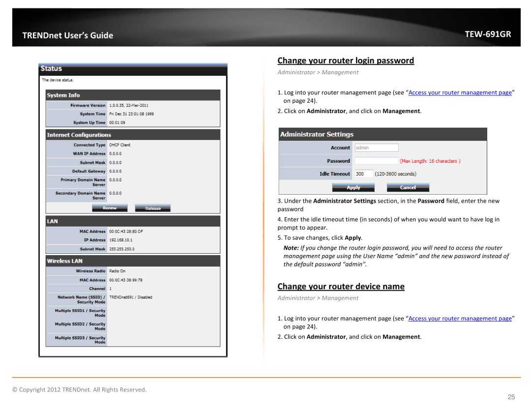 TRENDnet TEW691GR manual Change your router login password, Change your router device name, Administrator Management 