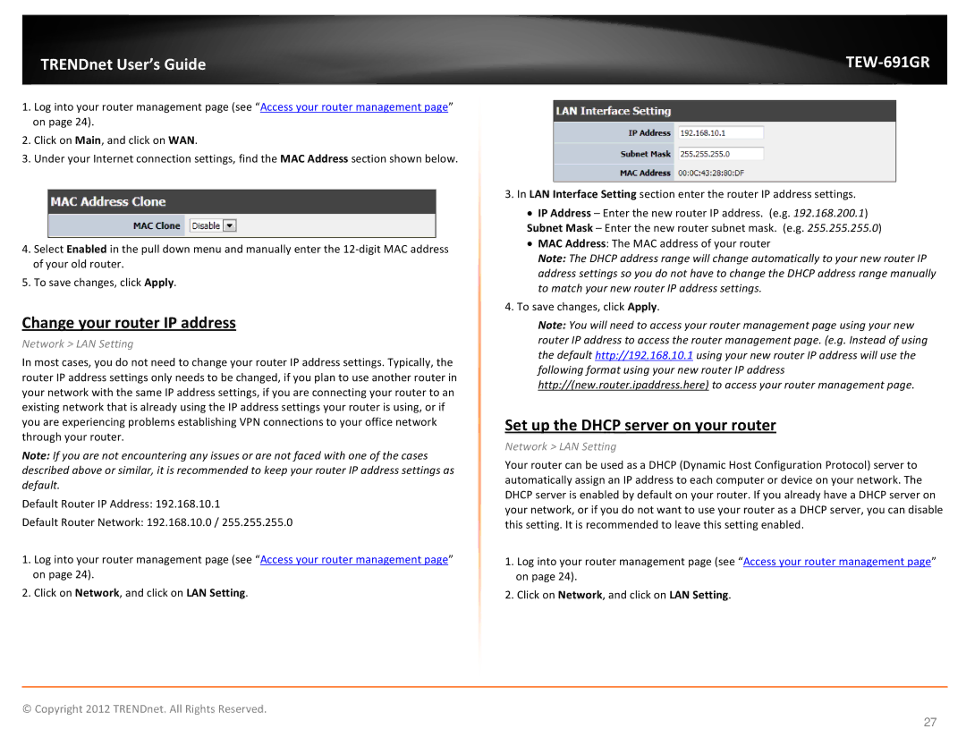 TRENDnet TEW691GR manual Change your router IP address, Set up the Dhcp server on your router, Network LAN Setting 