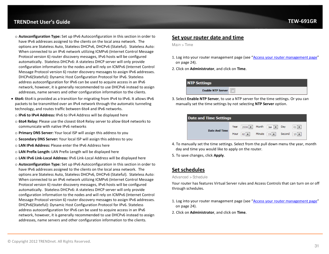 TRENDnet TEW691GR manual Set your router date and time, Set schedules, Main Time, Advanced Schedule 