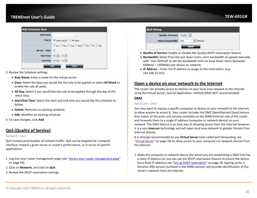 TRENDnet TEW691GR manual QoS Quality of Service, Open a device on your network to the Internet, Network QoS, Advanced DMZ 