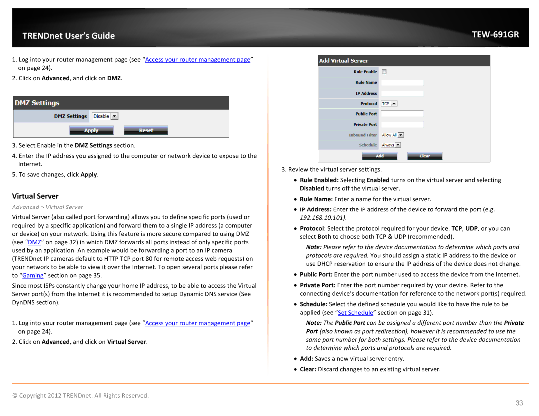 TRENDnet TEW691GR manual Advanced Virtual Server 