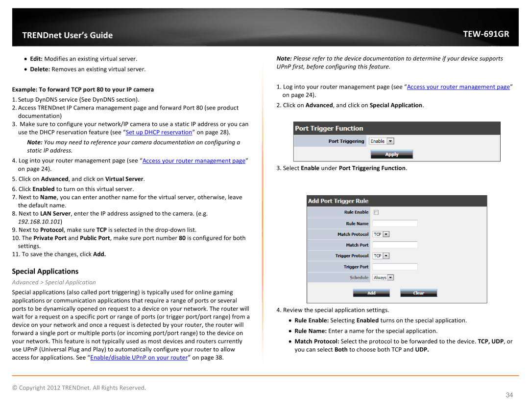 TRENDnet TEW691GR Special Applications, Example To forward TCP port 80 to your IP camera, Advanced Special Application 