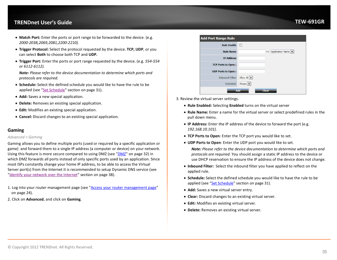 TRENDnet TEW691GR manual Advanced Gaming 