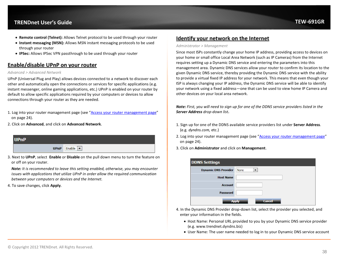 TRENDnet TEW691GR Enable/disable UPnP on your router, Identify your network on the Internet, Advanced Advanced Network 