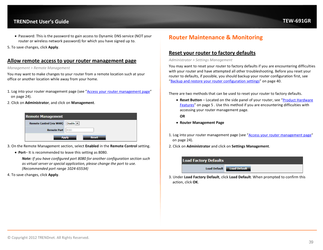 TRENDnet TEW691GR manual Router Maintenance & Monitoring, Allow remote access to your router management, Router Management 