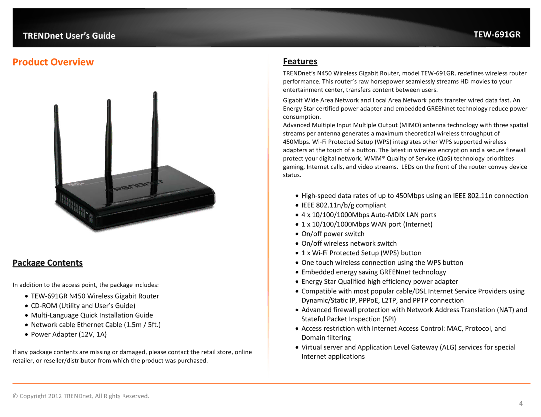 TRENDnet TEW691GR manual Product Overview, Package Contents, Features 