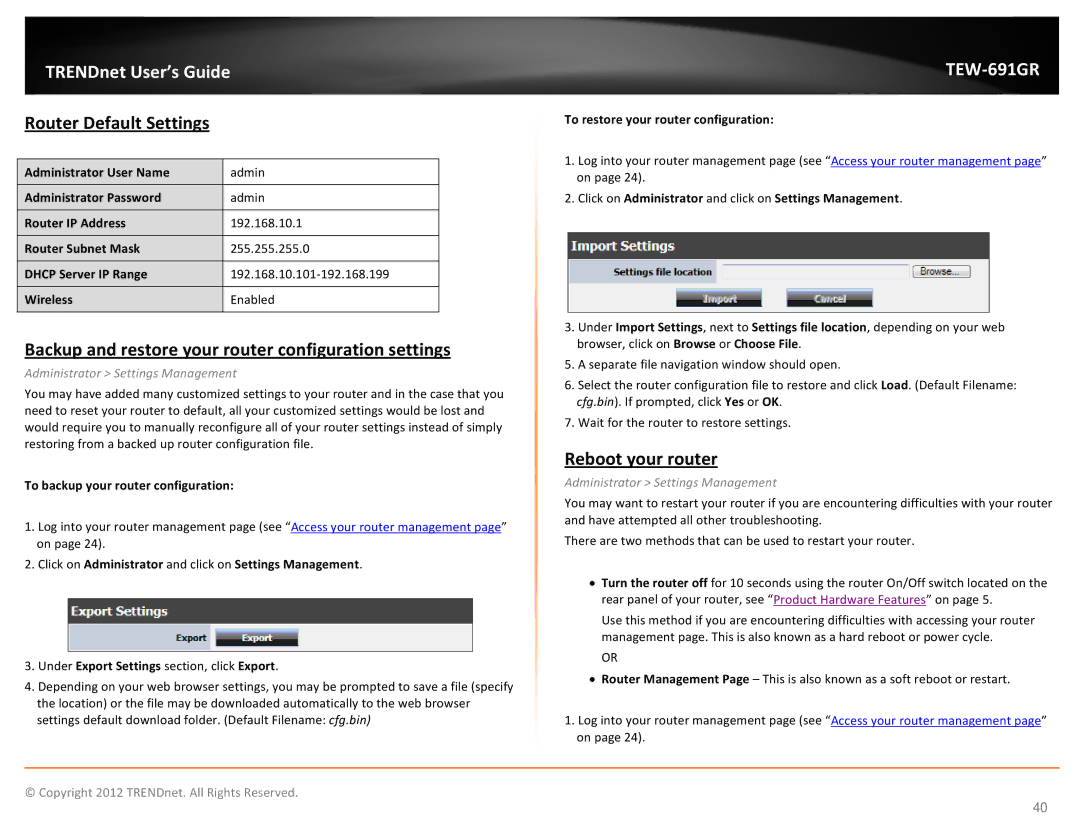 TRENDnet TEW691GR manual Router Default Settings, Backup and restore your router configuration settings, Reboot your router 