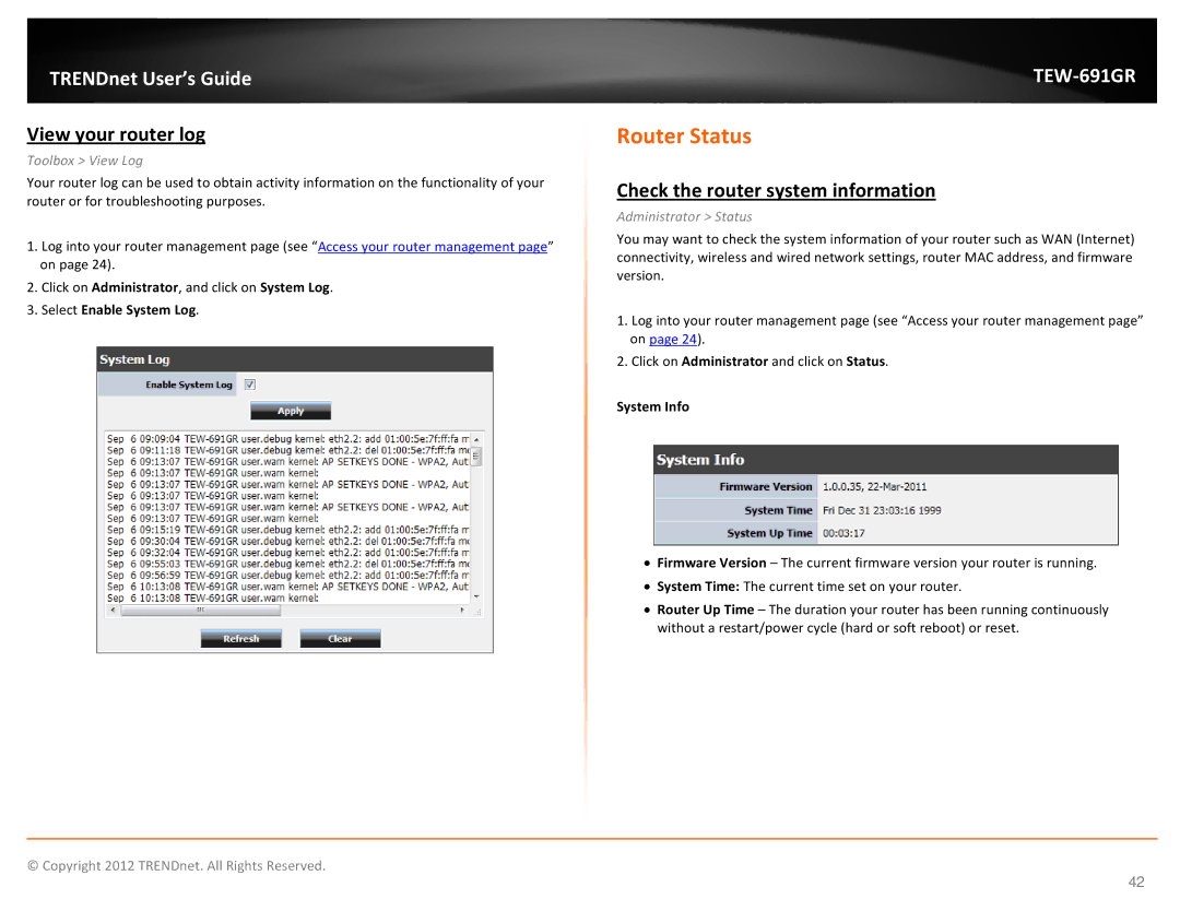 TRENDnet TEW691GR manual Router Status, View your router log, Check the router system information, Select Enable System Log 