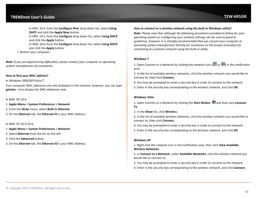 TRENDnet TEW691GR manual How to find your MAC address?, Apple Menu System Preferences Network 