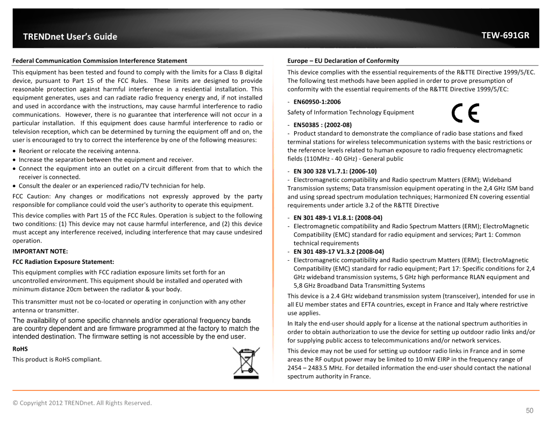 TRENDnet TEW691GR Federal Communication Commission Interference Statement, FCC Radiation Exposure Statement, RoHS, EN50385 