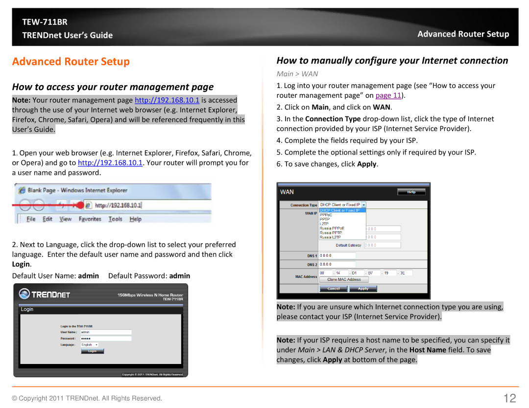 TRENDnet TEW711BR manual Advanced Router Setup, How to access your router management, Main WAN 