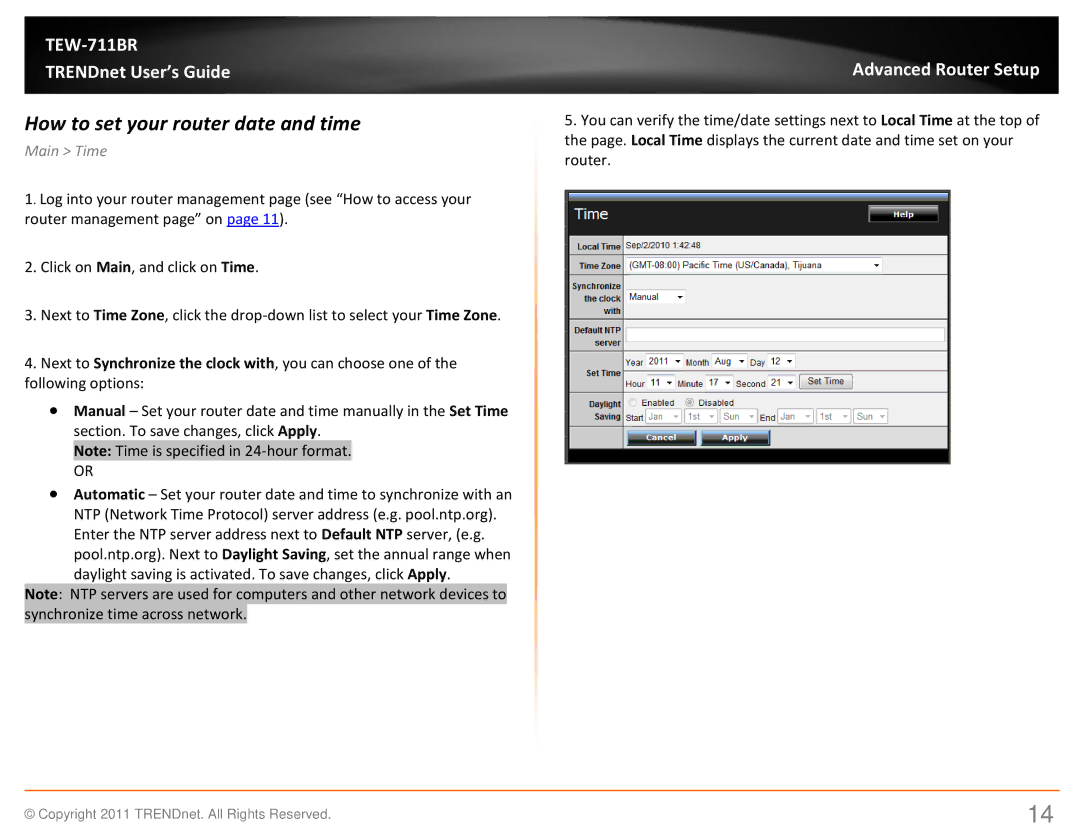 TRENDnet TEW711BR manual How to set your router date and time, Main Time 