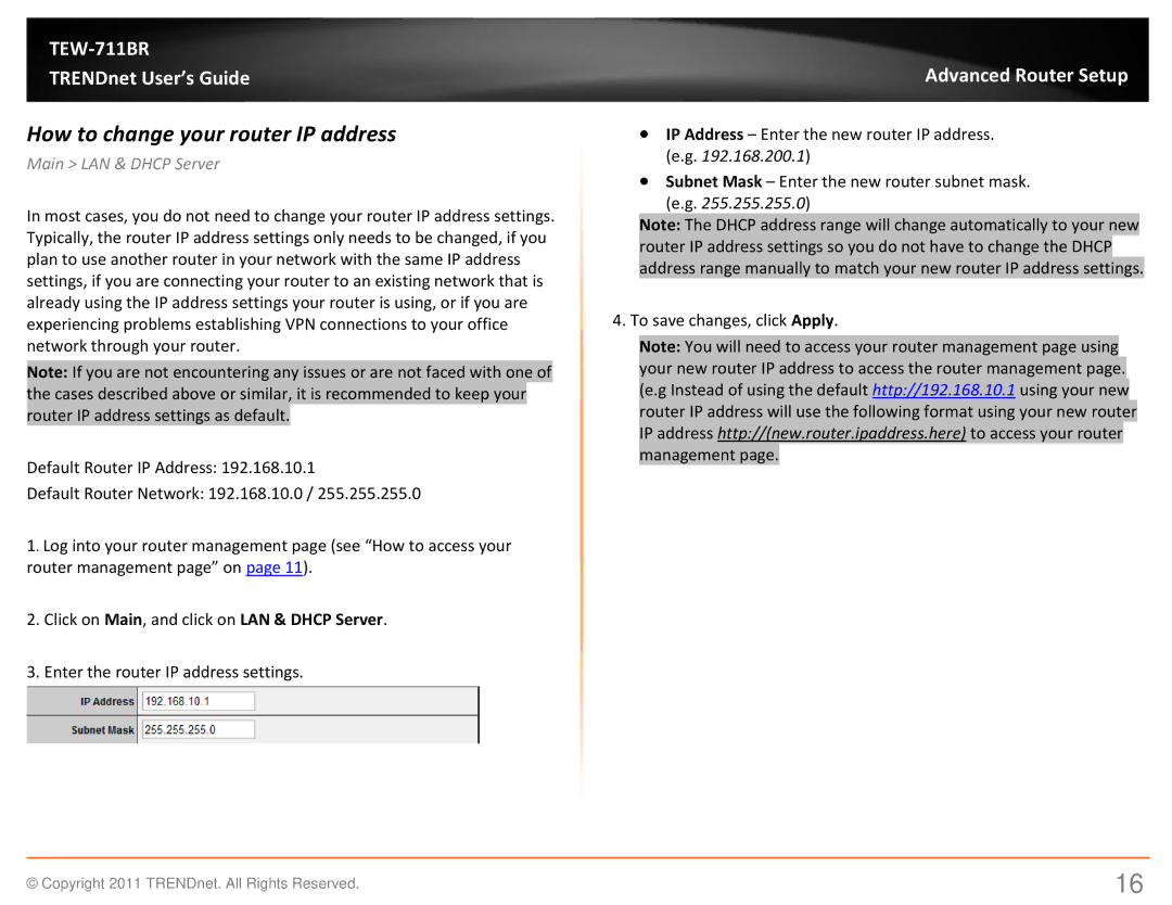 TRENDnet TEW711BR manual How to change your router IP address, Main LAN & Dhcp Server 