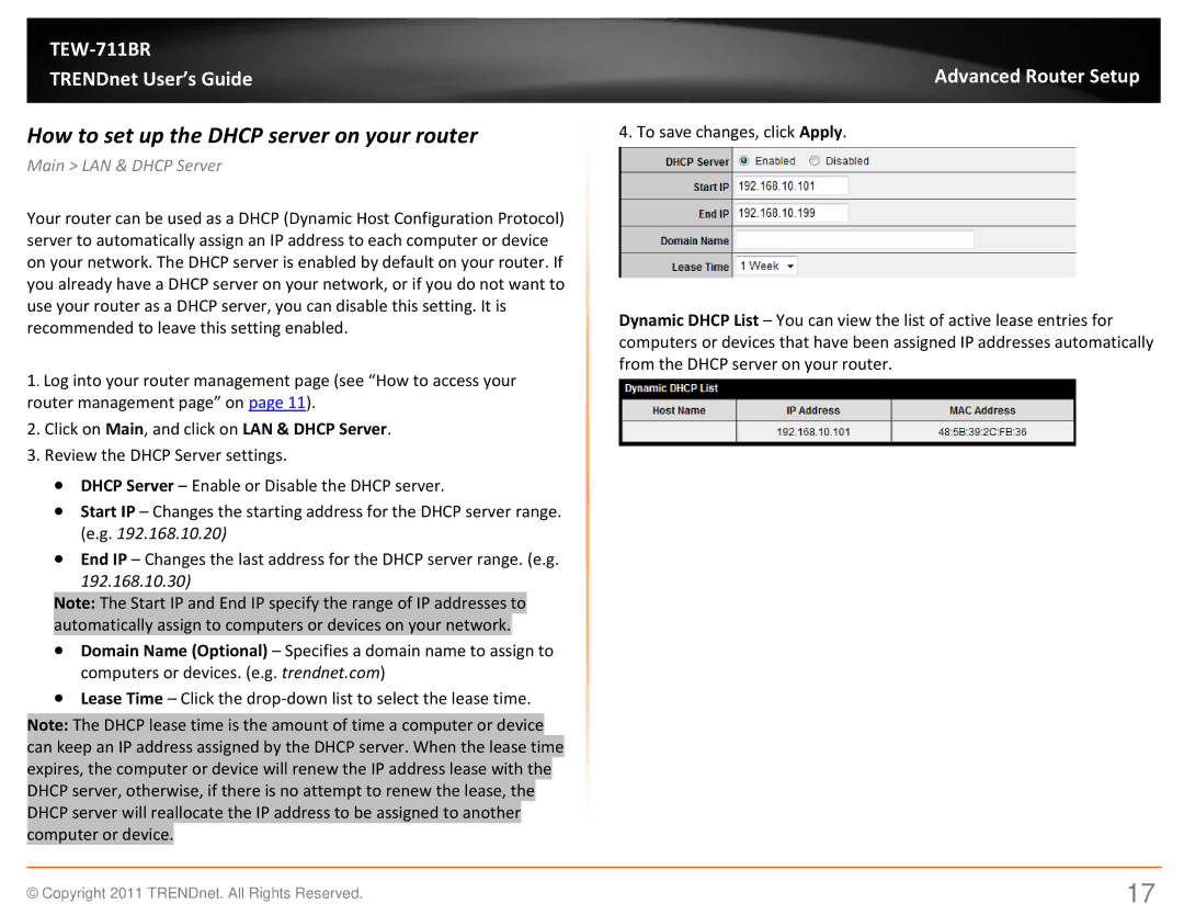 TRENDnet TEW711BR manual How to set up the Dhcp server on your router, 192.168.10.30 