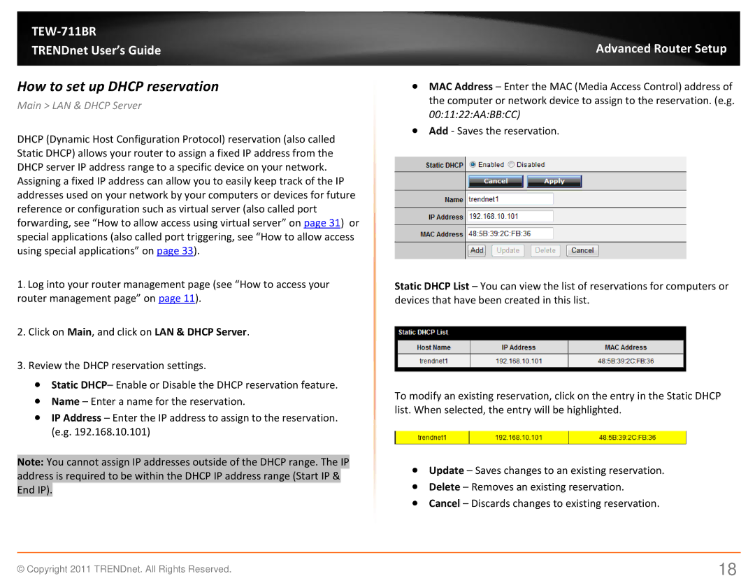 TRENDnet TEW711BR manual How to set up Dhcp reservation 