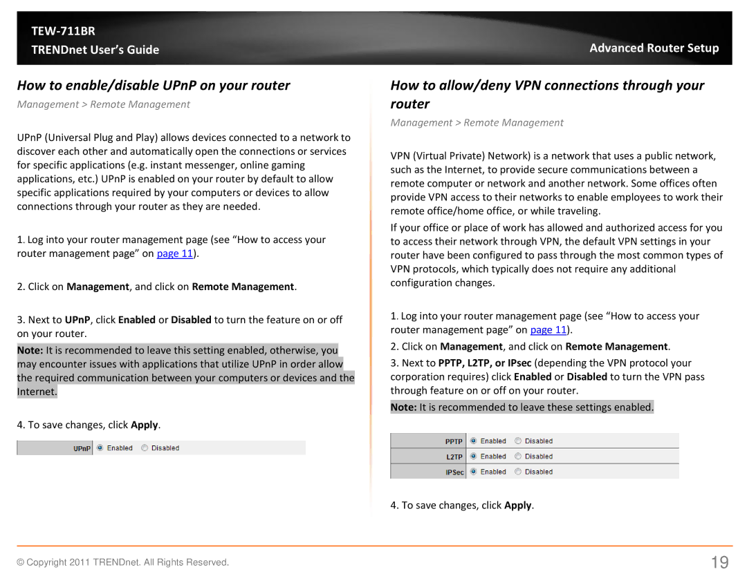 TRENDnet TEW711BR manual How to enable/disable UPnP on your router, How to allow/deny VPN connections through your router 