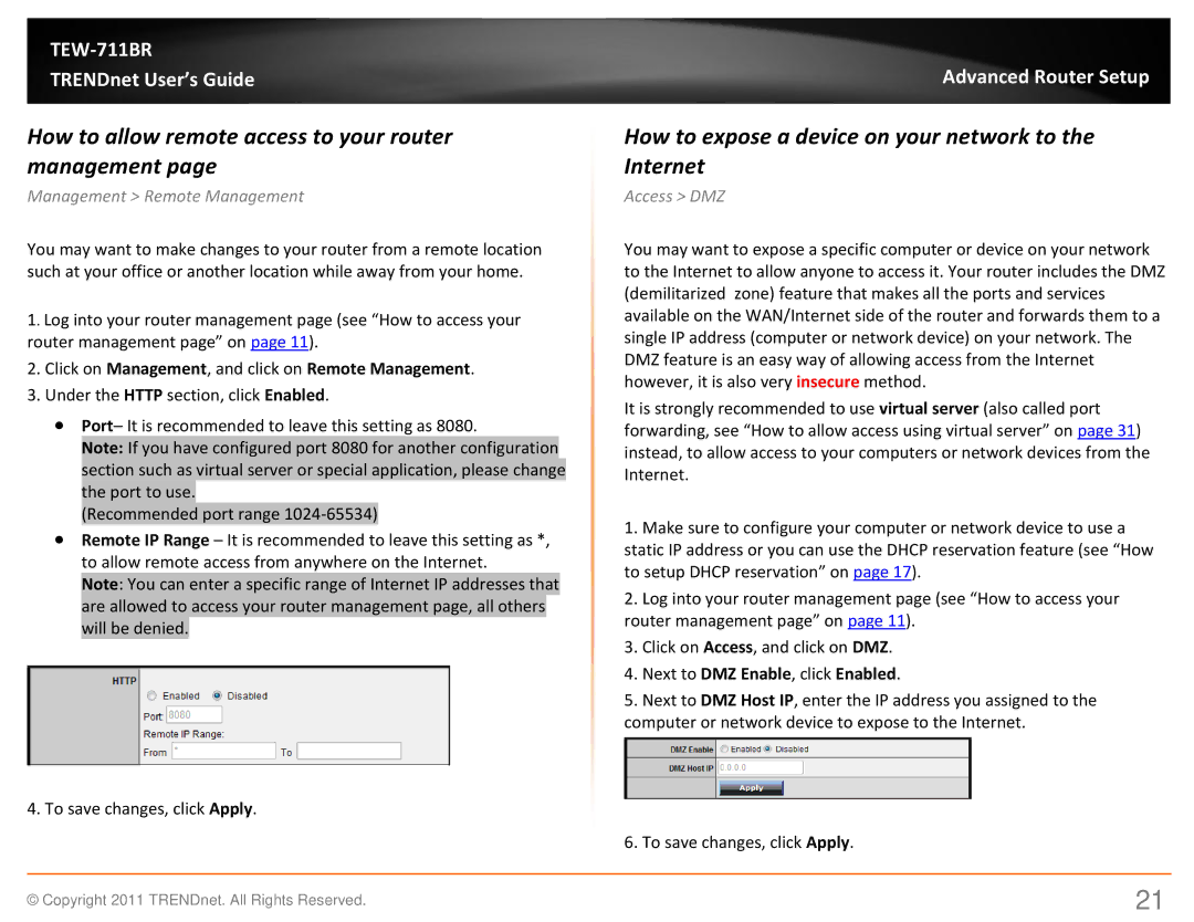 TRENDnet TEW711BR manual How to allow remote access to your router management, Access DMZ 