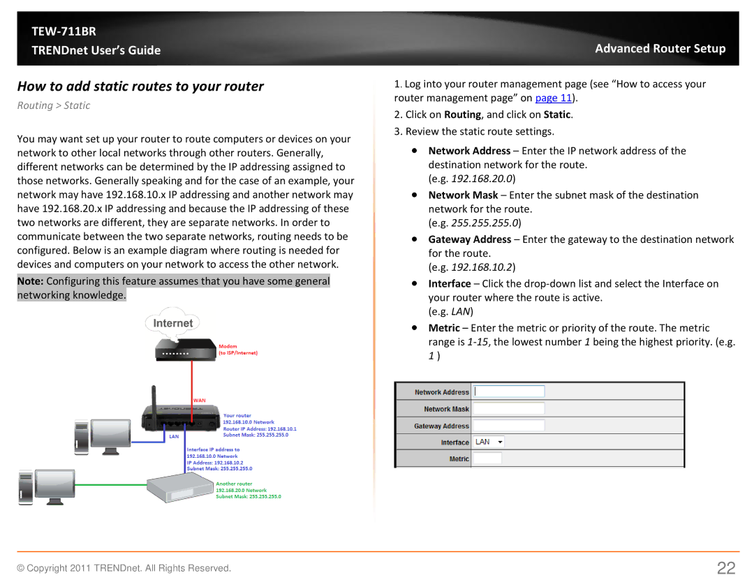 TRENDnet TEW711BR manual How to add static routes to your router, Routing Static 