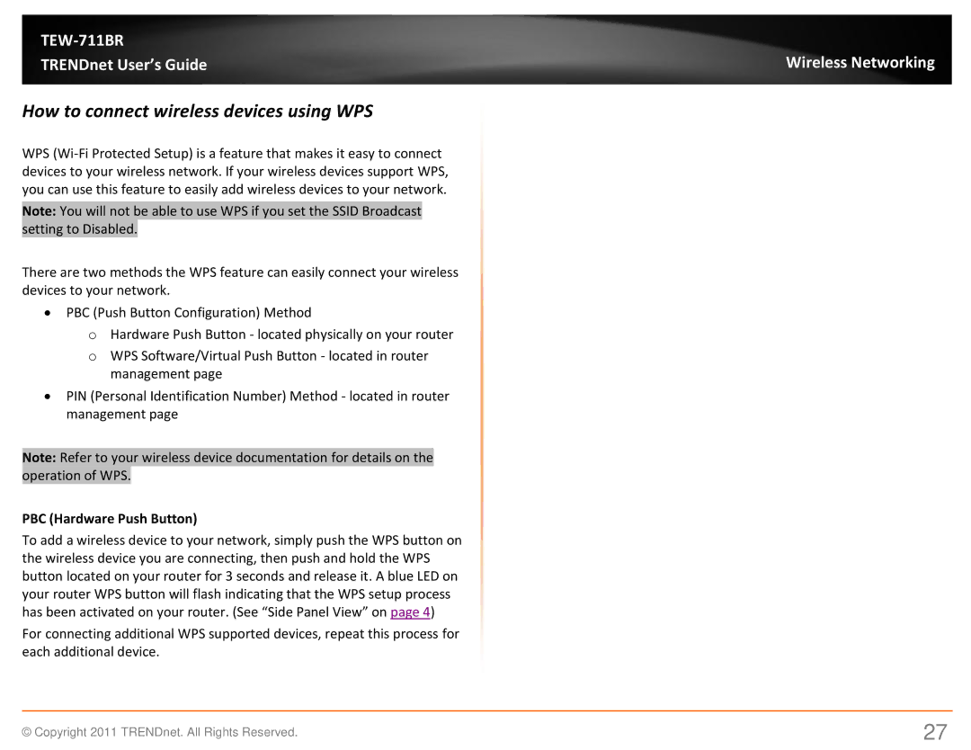 TRENDnet TEW711BR manual How to connect wireless devices using WPS, PBC Hardware Push Button 