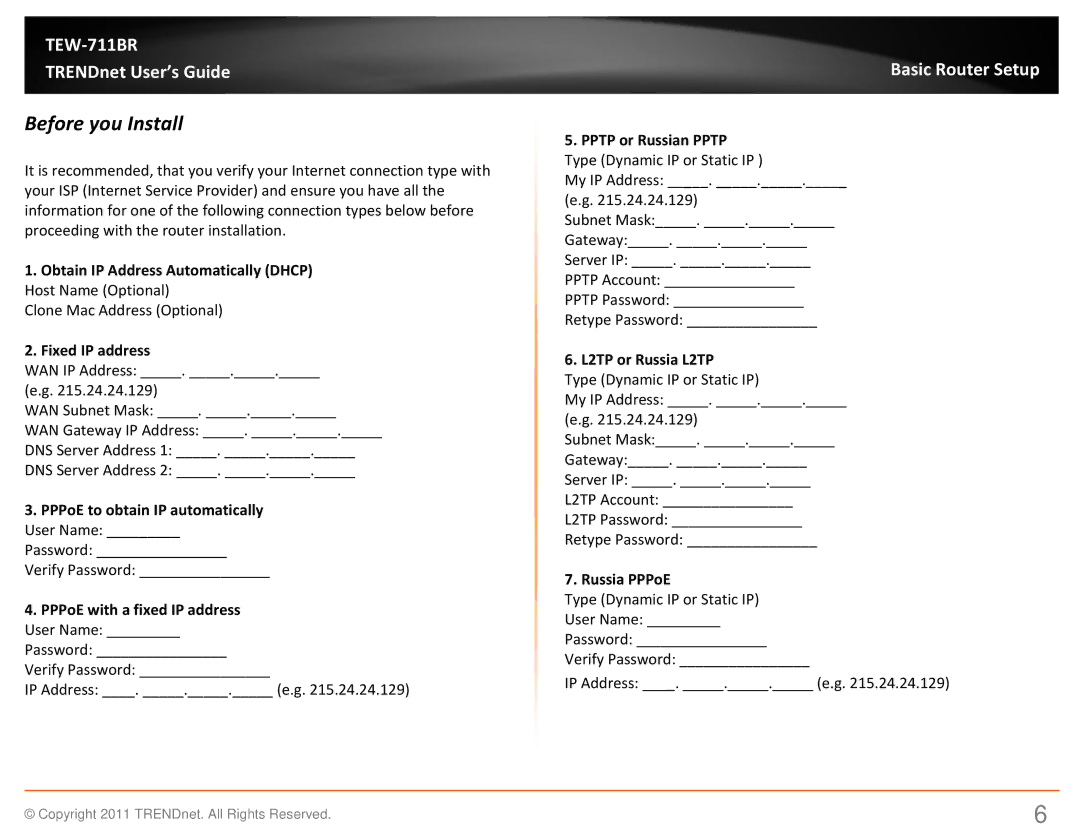 TRENDnet TEW711BR manual Before you Install, Fixed IP address 