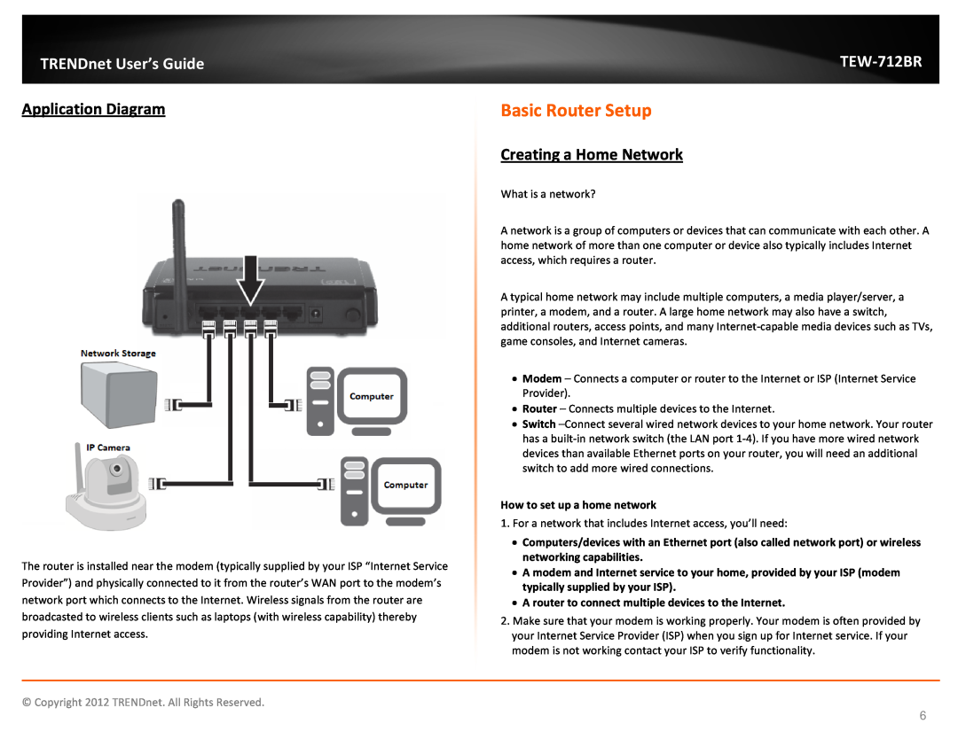 TRENDnet TEW712BR manual Basic Router Setup, Application Diagram, Creating a Home Network, TRENDnet User’s Guide, TEW-712BR 