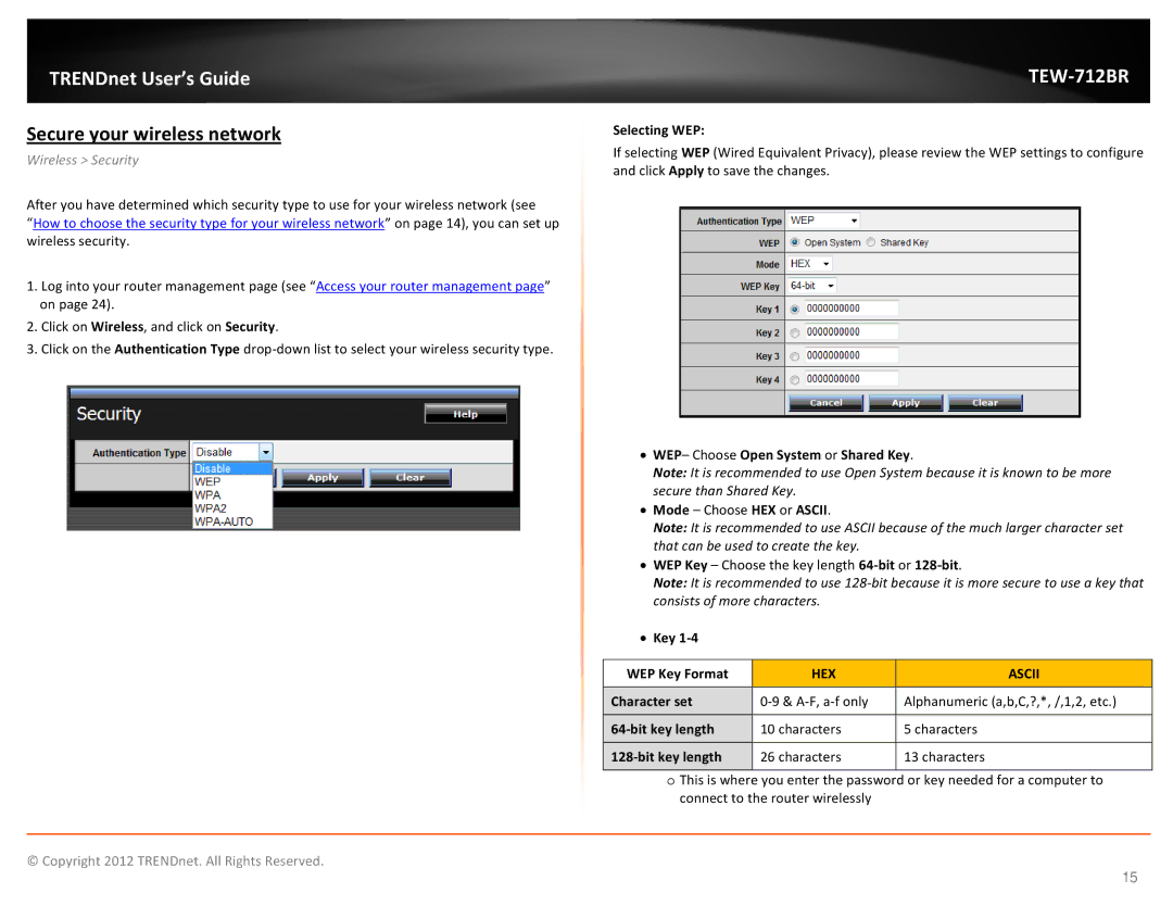 TRENDnet TEW712BR manual Secure your wireless network, Selecting WEP, Key WEP Key Format, Character set, Bit key length 