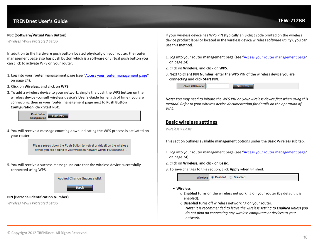 TRENDnet TEW712BR Basic wireless settings, PBC Software/Virtual Push Button, PIN Personal Identification Number, Wireless 