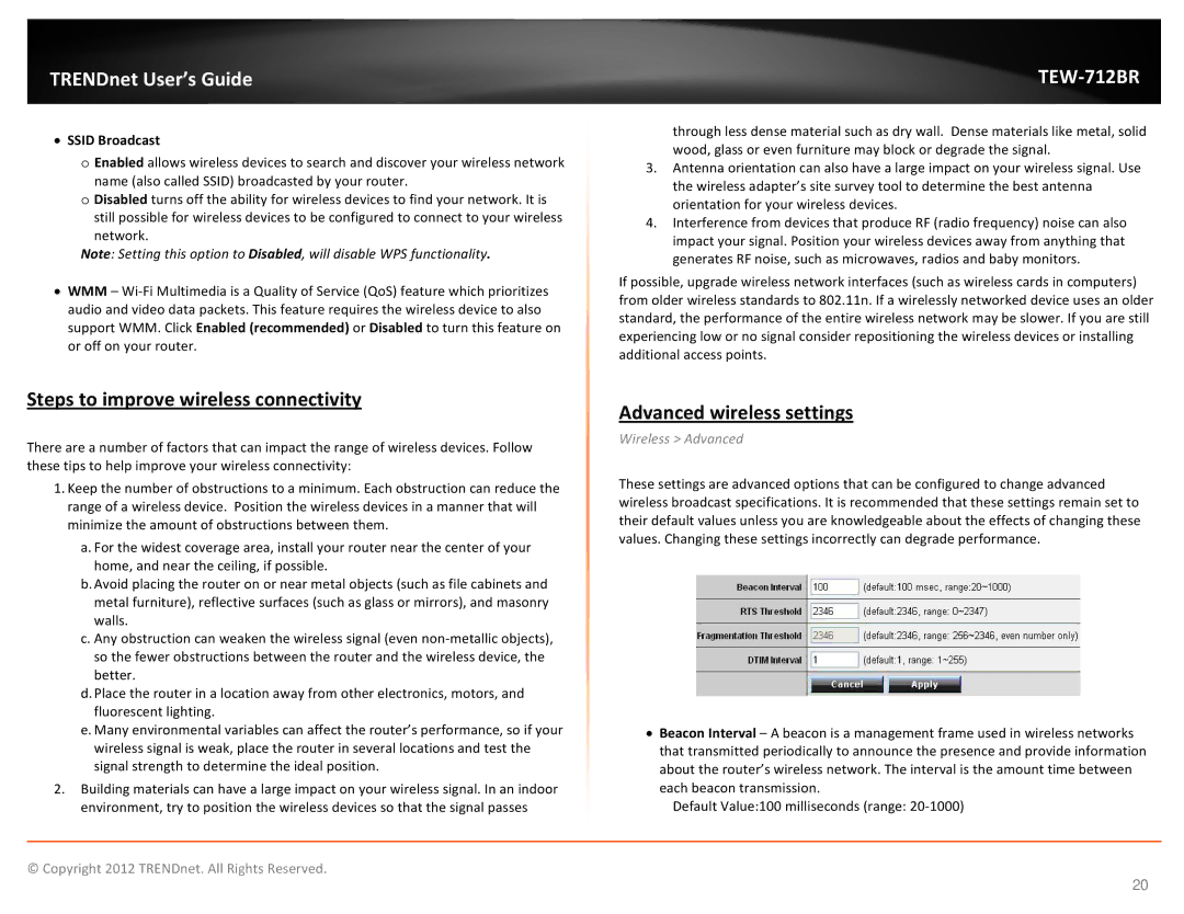 TRENDnet TEW712BR Steps to improve wireless connectivity, Advanced wireless settings, Ssid Broadcast, Wireless Advanced 