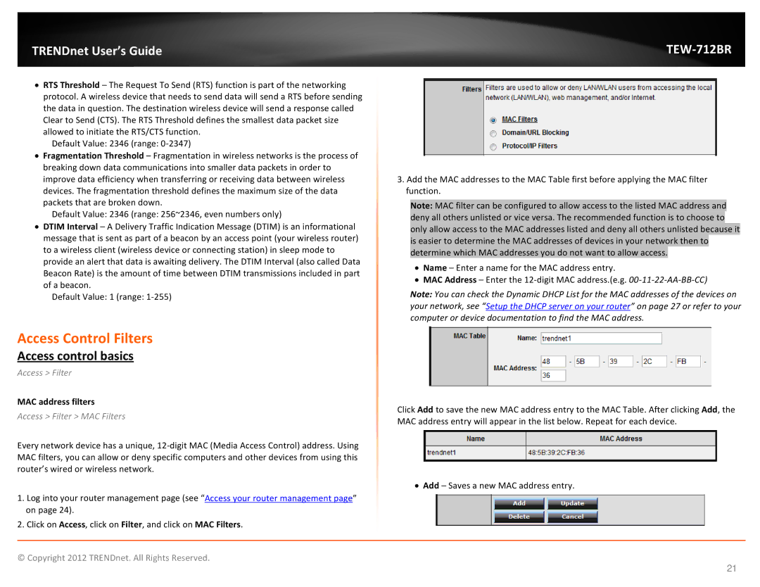 TRENDnet TEW712BR manual Access Control Filters, Access control basics, Access Filter, MAC address filters 