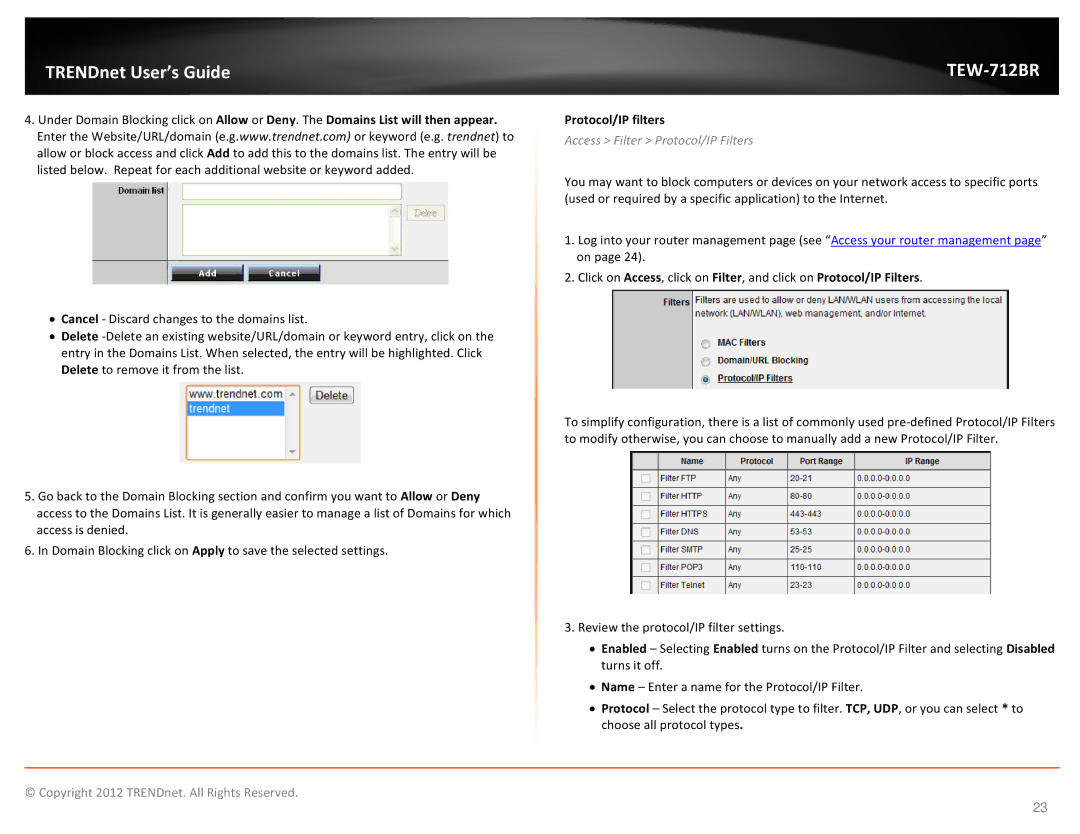 TRENDnet TEW712BR manual Protocol/IP filters, Access Filter Protocol/IP Filters 