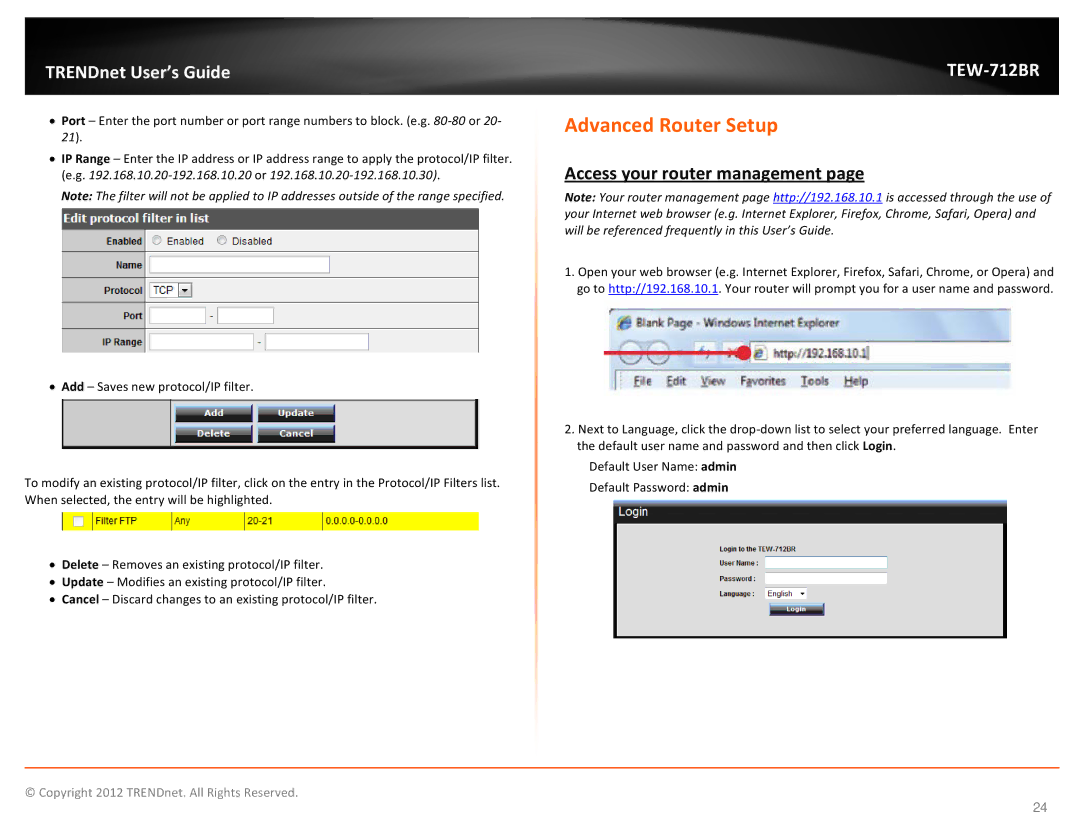 TRENDnet TEW712BR manual Advanced Router Setup, Access your router management 