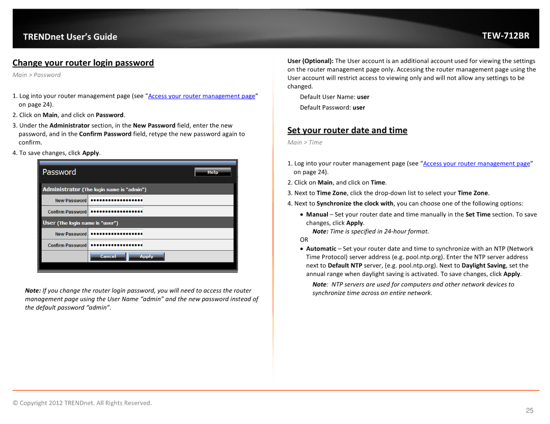TRENDnet TEW712BR manual Change your router login password, Set your router date and time, Main Password, Main Time 