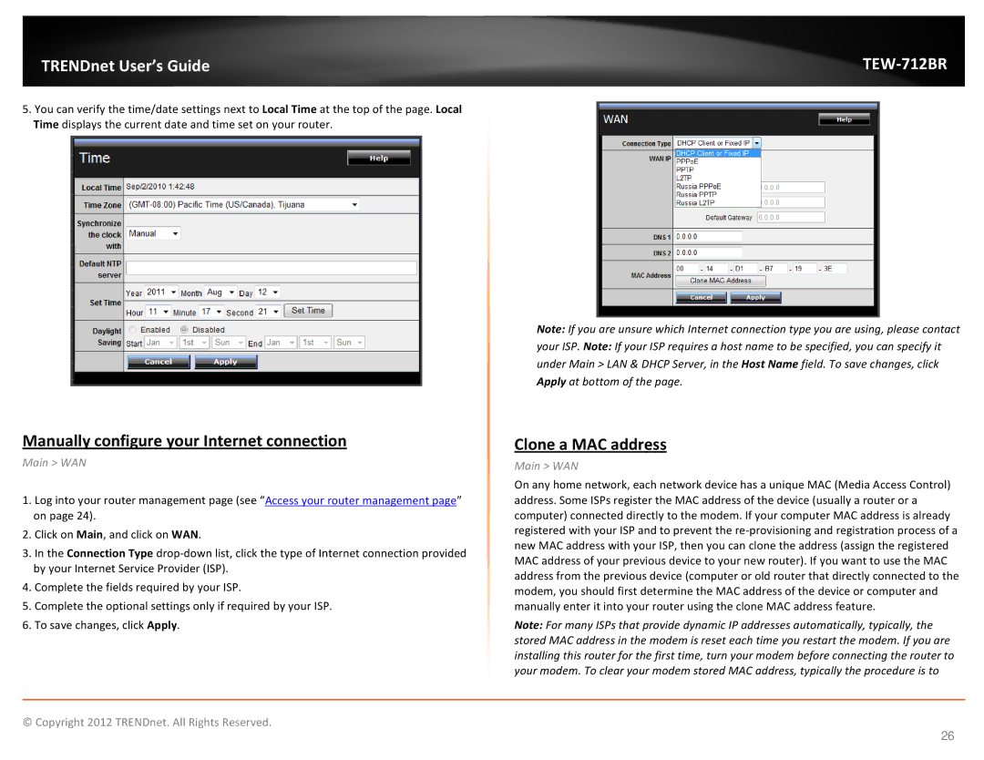 TRENDnet TEW712BR manual Manually configure your Internet connection, Clone a MAC address, Main WAN 