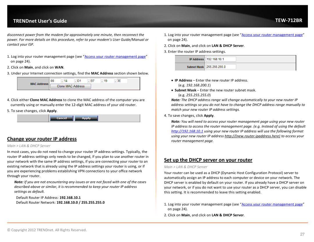 TRENDnet TEW712BR manual Change your router IP address, Set up the Dhcp server on your router, Main LAN & Dhcp Server 