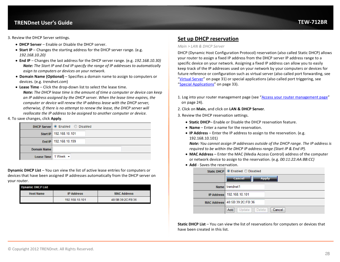 TRENDnet TEW712BR manual Set up Dhcp reservation 